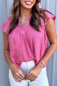 Bright Pink Frill V Neck Splicing Pleated Blouse (size: (US 4-6)S)