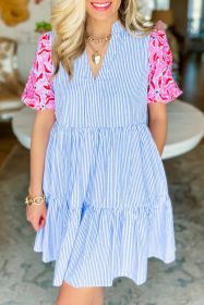 Sky Blue Stripe Floral Puff Sleeve Ruffle Tiered Dress (size: (US 16-18)XL)