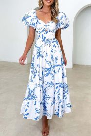 White Abstract Print Bubble Sleeve Swing High End Dress (size: (US 16-18)XL)