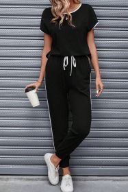 Black Contrast Trim Top & Drawstring Pants Set (size: (US 16-18)XL)
