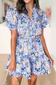 Purple Butterfly Print Puff Sleeve Frill Mini Dress (size: (US 16-18)XL)