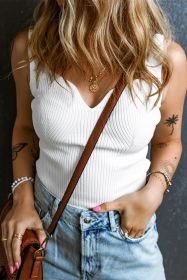 White Rib Knit Notched V Neck Slim Fit Tank Top (size: (US 16-18)XL)