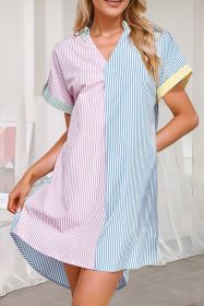 Sky Blue Stripe Colorblock Collared Mini Shirt Dress (size: (US 16-18)XL)