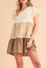 Khaki Ricrac Splicing Colorblock Flutter Sleeve Dress