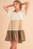 Khaki Ricrac Splicing Colorblock Flutter Sleeve Dress