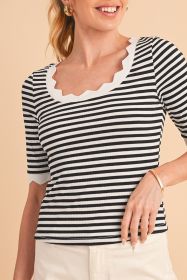 Black Striped Contrast Scallop Trim Half Sleeve T-shirt (size: (US 16-18)XL)