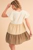 Khaki Ricrac Splicing Colorblock Flutter Sleeve Dress