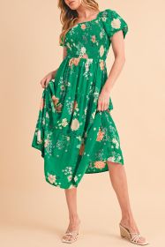 Green Floral Print Bubble Sleeve Smocked Tiered Midi Dress (size: (US 16-18)XL)