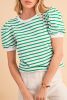 Green Stripe Puff Short Sleeve Contrast Trim T Shirt