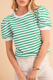 Green Stripe Puff Short Sleeve Contrast Trim T Shirt (size: (US 16-18)XL)