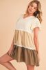Khaki Ricrac Splicing Colorblock Flutter Sleeve Dress