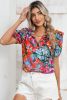 Multicolor Boho Tropical Floral V Neck Ruffle Blouse