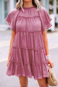 Rose Red Solid Color Flounce Sleeve Frill Tiered Dress (size: (US 16-18)XL)
