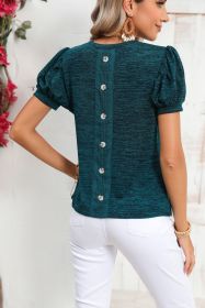 Blue Sapphire Button Decor Puff Short Sleeve T-shirt (size: (US 16-18)XL)