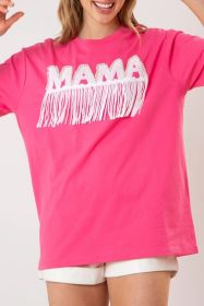 Bright Pink Fringe Trim Beaded MAMA Patch Oversized T Shirt (size: (US 16-18)XL)