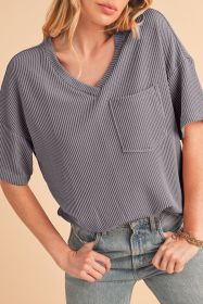 Light Grey Ribbed V Neck Pocket Drop Sleeve T-Shirt (size: (US 4-6)S)