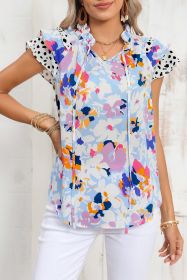Light Blue Floral Print Ruffle Flutter Sleeve V Neck Blouse (size: (US 4-6)S)