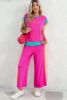 Strawberry Pink Colorblock Cap Sleeve Tee and Wide Leg Pants Set