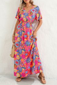 Rose Boho Abstract Print V Neck Short Sleeve Maxi Wrap Dress (size: (US 16-18)XL)