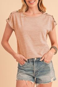 Apricot Pink Solid Color Button Decor Batwing Sleeve Tee (size: (US 16-18)XL)