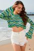 Green Knit Stripe Cut Out Long Bell Sleeve Crop Top