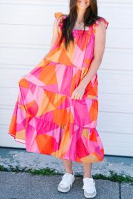 Multicolour Boho Geometric Ruffle Strap Tiered Midi Dress (size: (US 16-18)XL)