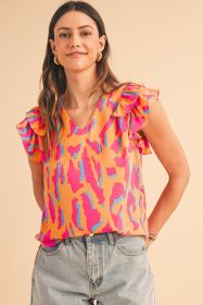 Orange Abstract Print V Neck Ruffled Sleeve Blouse (size: (US 8-10)M)