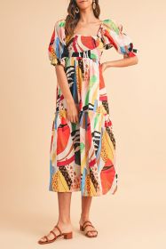 White Square Neck Smocked Abstract Print Boho Maxi Dress (size: (US 16-18)XL)
