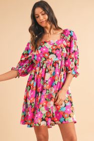 Rose Floral Print Square Neck Short Puff Sleeve Dress (size: (US 16-18)XL)