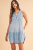 Beau Blue Light Wash Split Neck Sleeveless Chambray Dress
