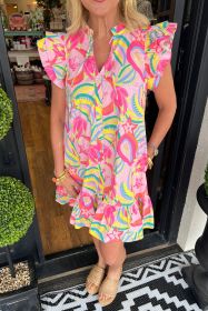 Pink Button Front Frill Neck Ruffle Trim Abstract Mini Dress (size: (US 16-18)XL)