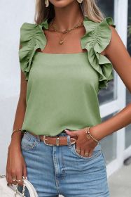 Smoke Green Plain Ruffle Trim Sleeveless Blouse (size: (US 16-18)XL)