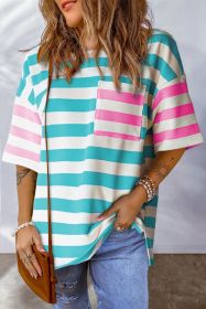 Blue Stripe Patch Pocket Drop Sleeve Slits T Shirt (size: (US 16-18)XL)