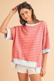 Multicolour Stripe Contrast Trim Drop Sleeve Loose Top (size: (US 16-18)XL)