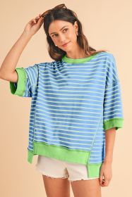Sky Blue Stripe Contrast Drop Sleeve Loose Top (size: (US 4-6)S)