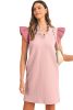Light Pink Textured Puff Sleeve Ruffled V Neck Mini Dress