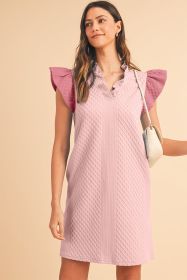 Light Pink Textured Puff Sleeve Ruffled V Neck Mini Dress (size: (US 16-18)XL)