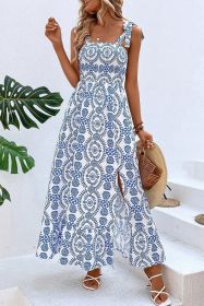 Blue Ethnic Print Side Split Sleeveless Maxi Dress (size: (US 16-18)XL)