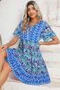 Sky Blue Patchwork Tie Neck Flounce Sleeve Ruffle Hem Mini Dress