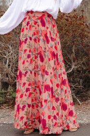 Pink Boho Floral Print High Waist Maxi Skirt (size: (US 4-6)S)