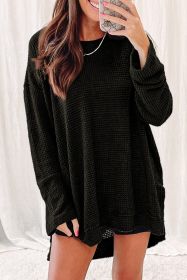 Black Plain Waffle Knit Drop Sleeve Side Slits Oversized Top (size: (US 4-6)S)