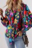 Green 60s Floral Print Knot Split Neck Puff Sleeve Blouse