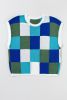 Dark Blue Checkered Color Block Cap Sleeve Knitted Top