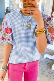 Light Blue Flower Embroidered Puff Sleeve Gingham Blouse (size: (US 4-6)S)