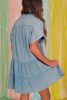 Beau Blue Mineral Wash Crinkle Split Neck Raw Hem Tiered Dress