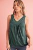 Mist Green Solid Color V Neck Pleated Tank Top