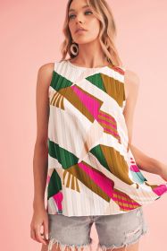 Multicolor Boho Geometric Print Keyhole Back Pleated Sleeveless Shirt (size: (US 16-18)XL)
