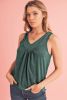 Mist Green Solid Color V Neck Pleated Tank Top