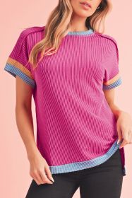 Bright Pink Textured Contrast Color Round Neck T Shirt (size: (US 16-18)XL)