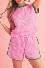 Pink Textured Contrast Trim Tee & Drawstring Shorts Set (size: (US 16-18)XL)
